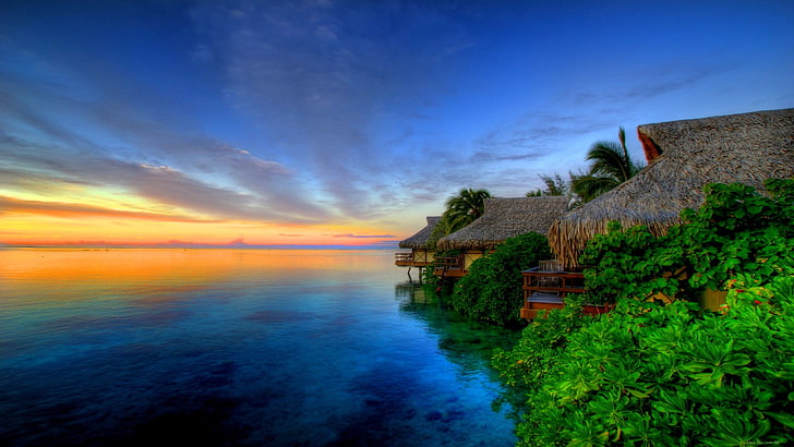 several thatch roof houses, sea, sunset, hut, sky, HD wallpaper