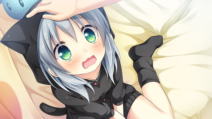 blauhaariges Mädchen mit schwarzem Hoodie-Anime-Charakter, Amakoi-Sirupe, Anime-Mädchen, Bildroman, Katori Rin, graues Haar, grüne Augen, Nekomimi, errötend, HD-Hintergrundbild