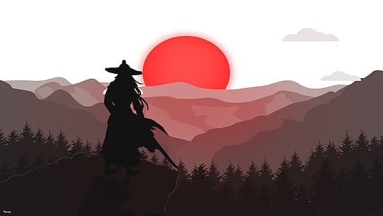 самурай, червена луна, дървета, японско изкуство, Япония, война, катана, дигитално изкуство, HD тапет HD wallpaper