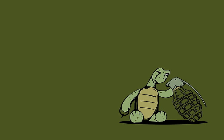 зеленая черепаха рядом с бомбой цифровые обои, черепаха, граната, взрыв, HD обои