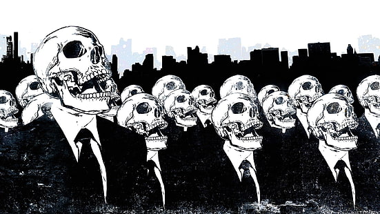 skeletons wearing suit jacket illustration, skull, Alex Cherry, suits, artwork, monochrome, skyline, skeleton, HD wallpaper HD wallpaper