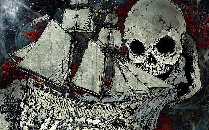 esqueleto cinzento segurando a pintura de veleiro, desenho, barco, crânio, respingos de tinta, Atreyu, HD papel de parede