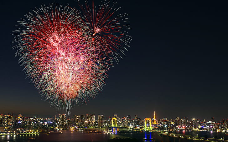 salute, Japan, Tokyo, fireworks, Odaiba, HD wallpaper