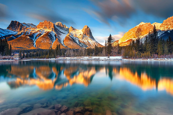 forest, mountains, lake, river, morning, Canada, Albert, Canmore, HD wallpaper