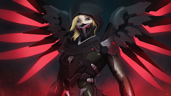 красный и черный аниме персонаж, Мерси (Overwatch), Overwatch, Blackwatch, Mercy (BlackWatch), HD обои HD wallpaper