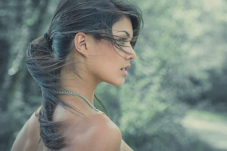 silver-colored box chain necklace, women, model, portrait, face, brunette, windy, profile, HD wallpaper
