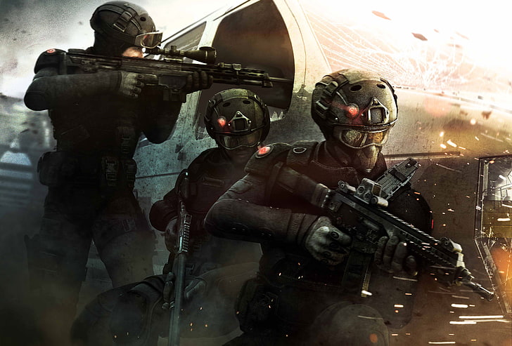 online game digital wallpaper, rainbow 6 patriots, soldiers, weapons, shootout, ubisoft, HD wallpaper