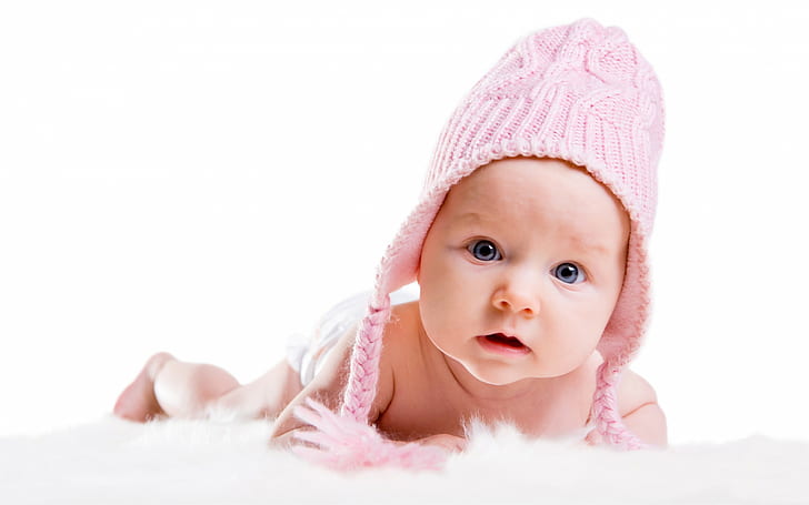 Baby HD, baby's pink knit aviator hat, photography, baby, HD wallpaper