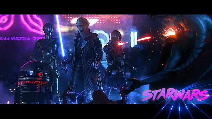 Scena del film di Star Wars con sovrapposizione di testo, Star Wars, cyberpunk, OutRun, Sfondo HD