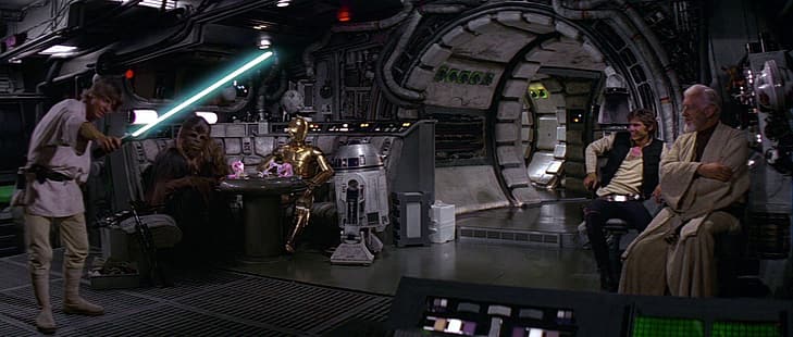 Star Wars, A New Hope, R2-D2, C-3PO, ljussabel, Han Solo, Millennium Falcon, HD tapet HD wallpaper