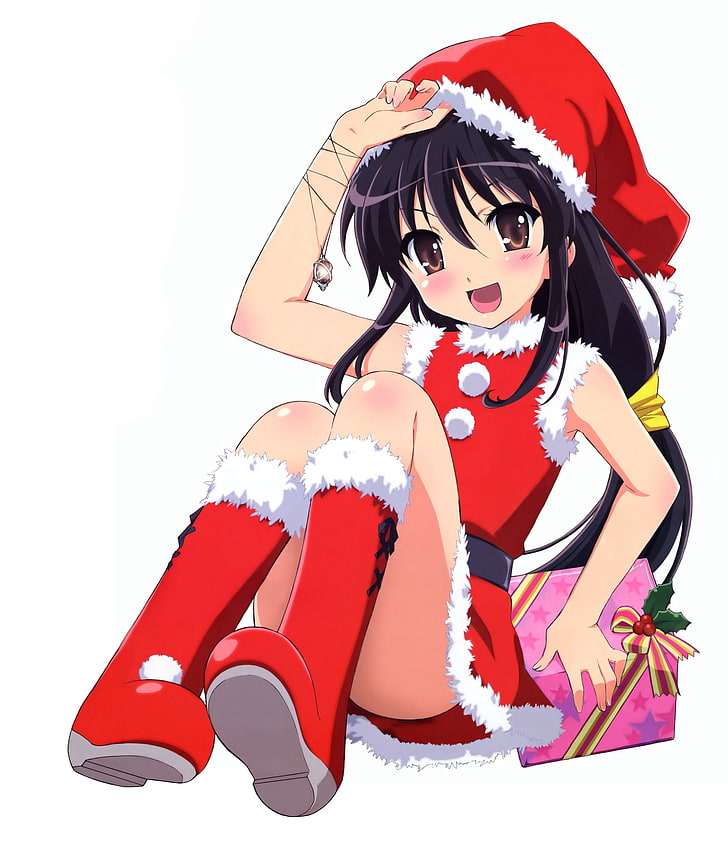 Christmas, Santa costume, brunette, anime girls, anime, holiday, HD wallpaper