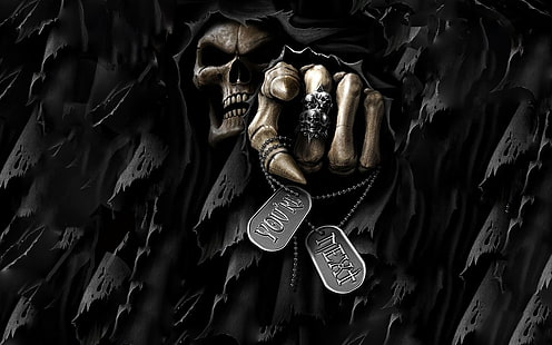 дигитално изкуство, Grim Reaper, смърт, тъмно, призрачно, череп, зъби, кости, пръстени, текст, HD тапет HD wallpaper