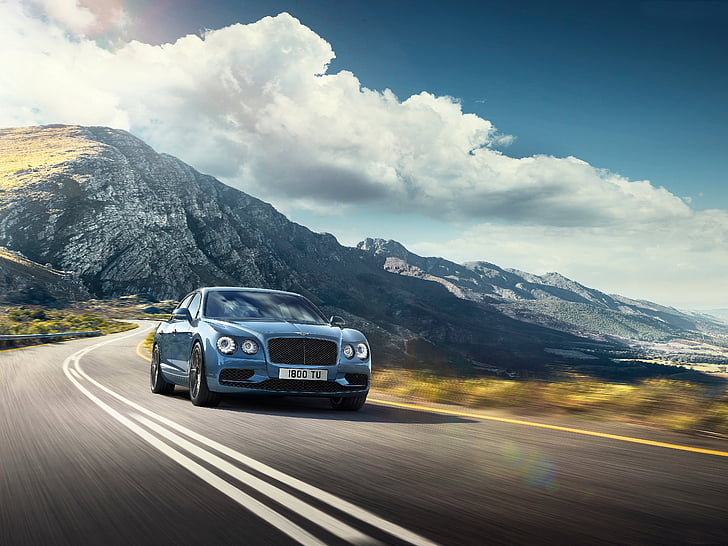 coupé bleu sur une route en béton grise près de la montagne grise, Bentley Flying Spur W12 S, 2017 voitures, 4K, Bentley, Fond d'écran HD