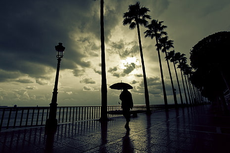 silhouete di un uomo che tiene un ombrello mentre cammina sulla baia, Passeggiata, uomo, ombrello, camminando su, baia, hombre, caminando, camina, lluvia, llueve, silueta, paseo maritimo, baranda, silhouette, pioggia, tour, ringhiera, palma, nuvole, nuvoloso, contrasto, foto, fotografia, imagen, immagine, foto, foto, fotografia, fotografo, retroilluminato, persone, tramonto, Sfondo HD HD wallpaper