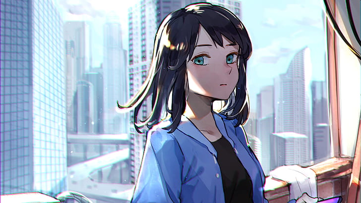 Anime, Original, Aqua Eyes, svart hår, City, Girl, HD tapet