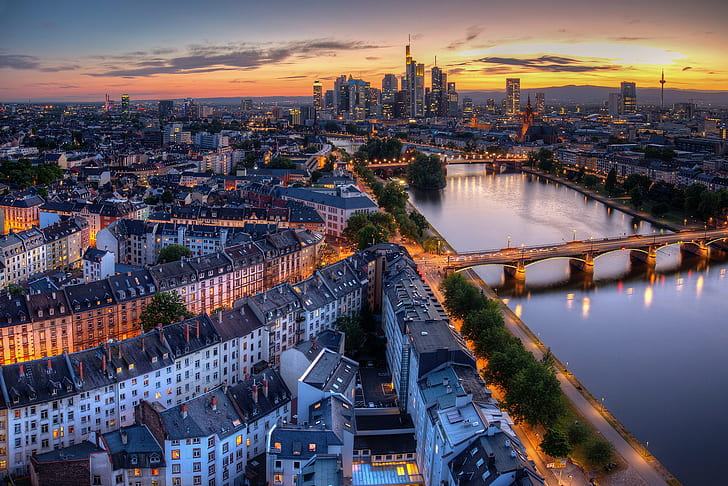 Allemagne, ville, francfort, pont, rivière, lumières, ville, soir, allemagne, francfort, Fond d'écran HD