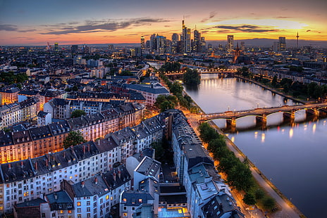 Germany, city, Frankfurt, bridge, river, lights, city, evening, Germany, Frankfurt, HD wallpaper HD wallpaper