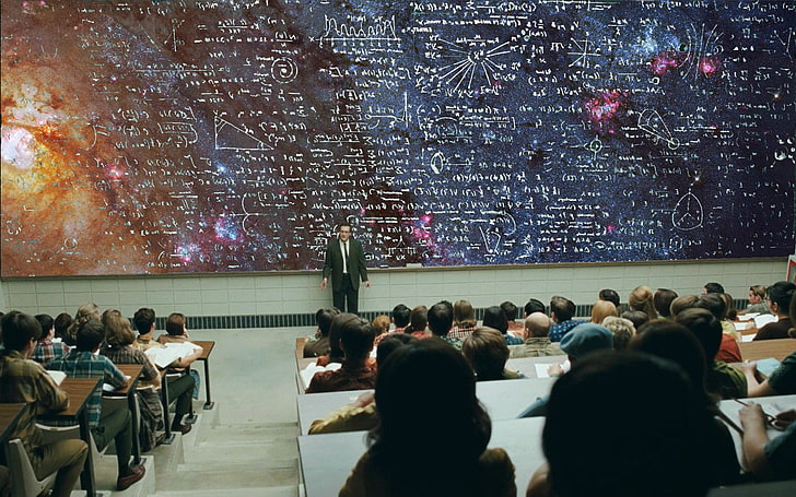 Poważny człowiek, tablica, tablica, matematyka, mgławica, fizyka, nauka, przestrzeń, studenci, wszechświat, uniwersytety, Tapety HD