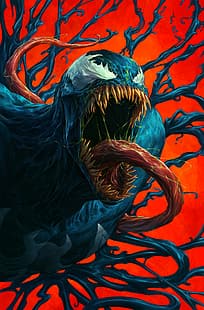  Venom, tentacles, tongue out, orange background, Symbiote, eddie brock, teeth, HD wallpaper HD wallpaper