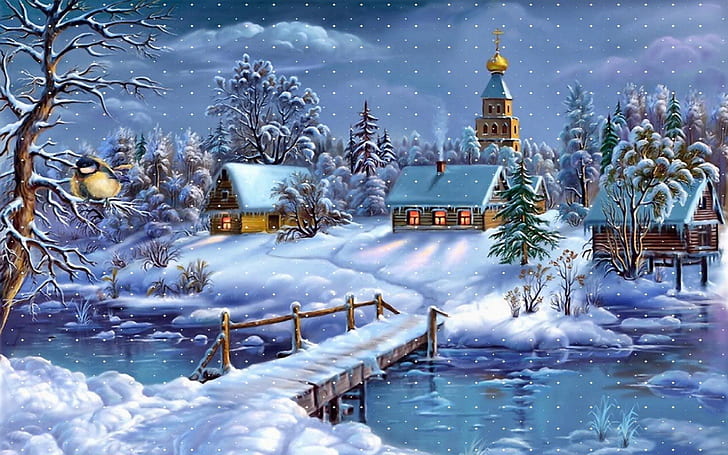Winter Landscape Village Church River Wooden Bridge Layer Of Snow Art Wallpaper For Desktop 1920×1200, HD wallpaper