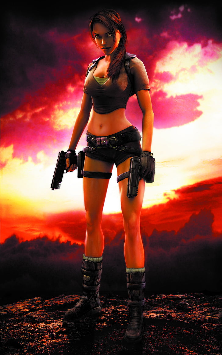 Lara Croft, Tomb Raider, konstverk, videospel, jeansshorts, pistol, stående display, flickor med vapen, HD tapet, telefon tapet
