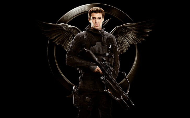 Liam Hemsworth as Gale Hawthorne, black crossbow with scope, liam, hemsworth, gale, hawthorne, HD wallpaper