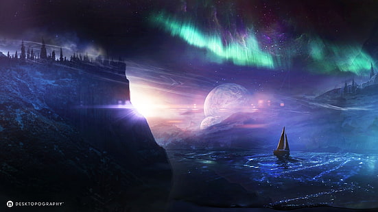 Desktopography, creative pictures, planet, ship, northern lights, water, green norwegian lights and brown sailboat animation, Desktopography, Creative, Pictures, Planet, Ship, Northern, Lights, Water, HD wallpaper HD wallpaper