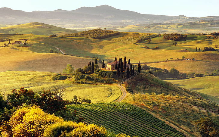 Italia, paisaje, casa, verde, naturaleza, Toscana, Fondo de pantalla HD
