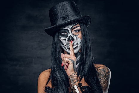 Dia de los Muertos, kvinnor, modell, smink, tatuering, hatt, HD tapet HD wallpaper