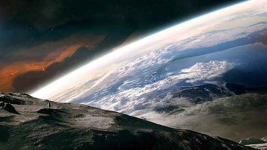 Земя, видяна от Луната HD, астронавт, облаци, земя, луна, мъглявини, космос, HD тапет HD wallpaper