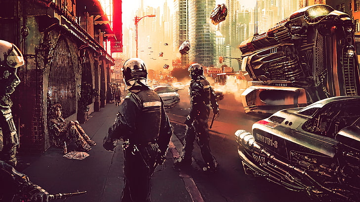 soldats marchant dans la peinture de rue, œuvres d'art, fan art, ville futuriste, science fiction, cyberpunk, cyber, futuriste, police, Fond d'écran HD