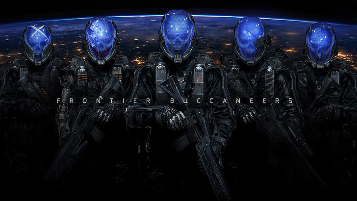 fünf maskierte bewaffnete Männer digitale Tapeten, Kunstwerke, Fantasy-Kunst, Soldaten, futuristisch, Cyberpunk, Frontier Buccaneers, HD-Hintergrundbild