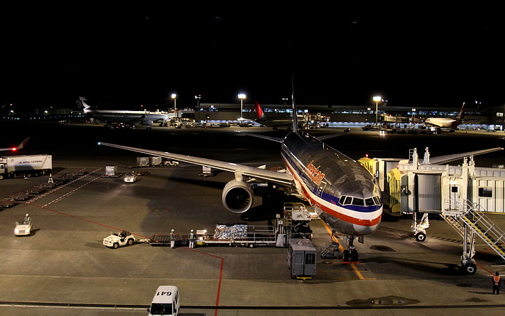 Боинг 777, самолет, летище, нощ, транспорт, HD тапет