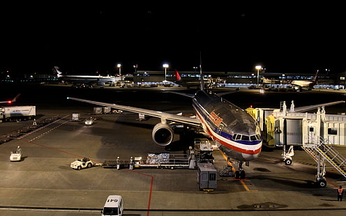 Боинг 777, самолет, летище, нощ, транспорт, HD тапет HD wallpaper