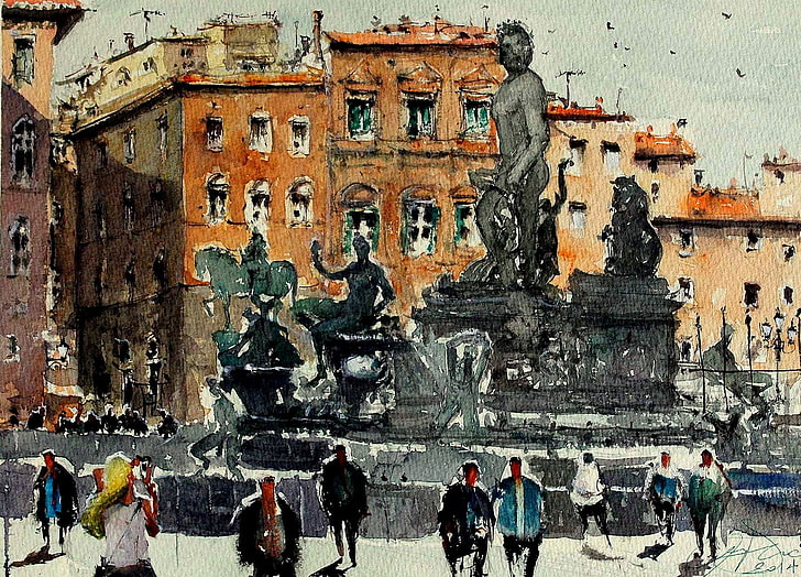 the city, picture, watercolor, the urban landscape, Nice, place Massena, Maximilian DAmico, HD wallpaper