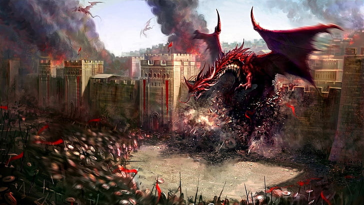 красный дракон иллюстрация, дракон, фэнтези арт, HD обои