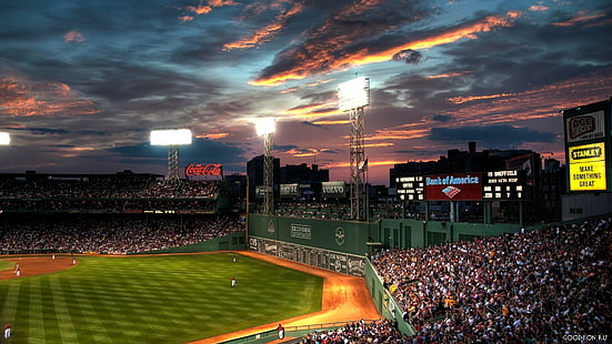 Фенуэй Парк, Бостон, Высшая лига Бейсбол, бейсбол, стадион, толпы, облака, HD обои HD wallpaper