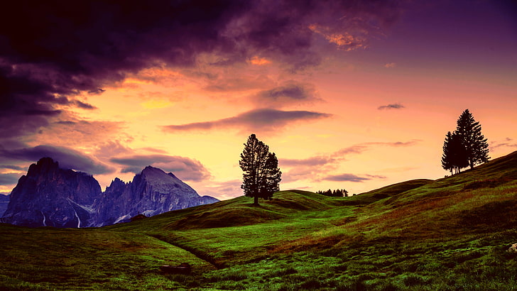 landscape, mountains, green, grass, hills, trees, sky, clouds, purple, storm, stone, HD wallpaper