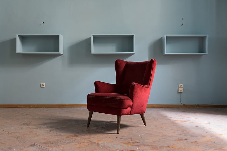 red suede wing chair, room, chair, interior, abandoned, HD wallpaper