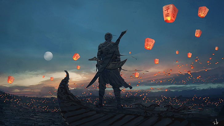 Mann steht auf dem Boot mit Blick auf Laterne digitale Tapete, Fantasy-Kunst, Mond, Blick in die Ferne, Himmelslaternen, Boot, Samurai, Schwert, Himmel, HD-Hintergrundbild