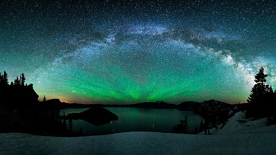 феномен на зелена сияние, полярни сияния, небе, природа, звезди, Норвегия, сняг, езеро, зима, HD тапет HD wallpaper