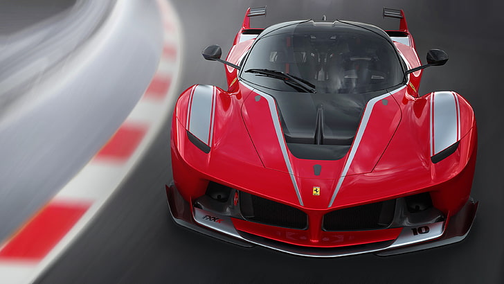 red Ferrari coupe, Ferrari FXXK, car, race tracks, motion blur, red cars, vehicle, Ferrari, HD wallpaper