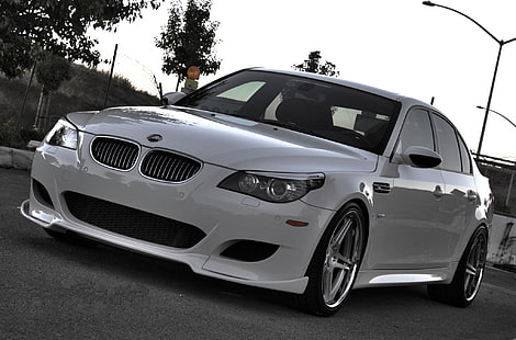 white BMW E60 sedan, road, white, trees, BMW, lights, sedan, front view, e60, evwning, HD wallpaper HD wallpaper