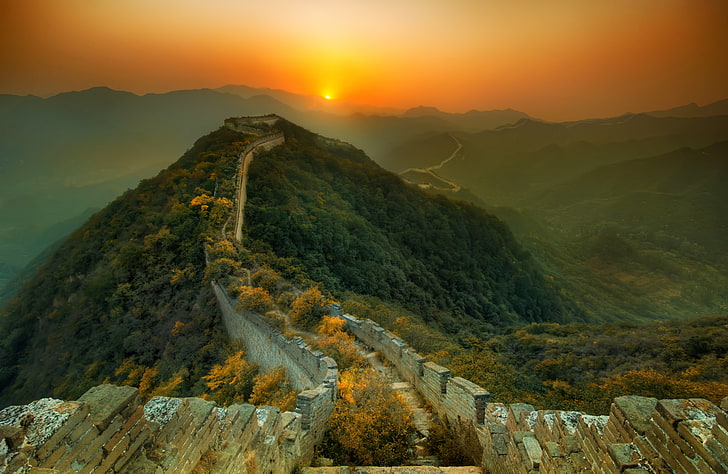 коричневый и черный деревянный каркас кровати, природа, стена, Великая китайская стена, горы, пейзаж, HD обои