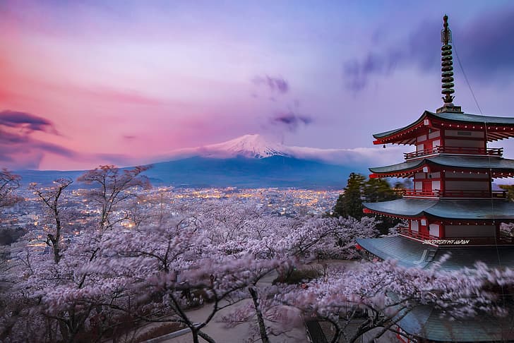 Japan, Chureito -pagoden, lila blommor, HD tapet