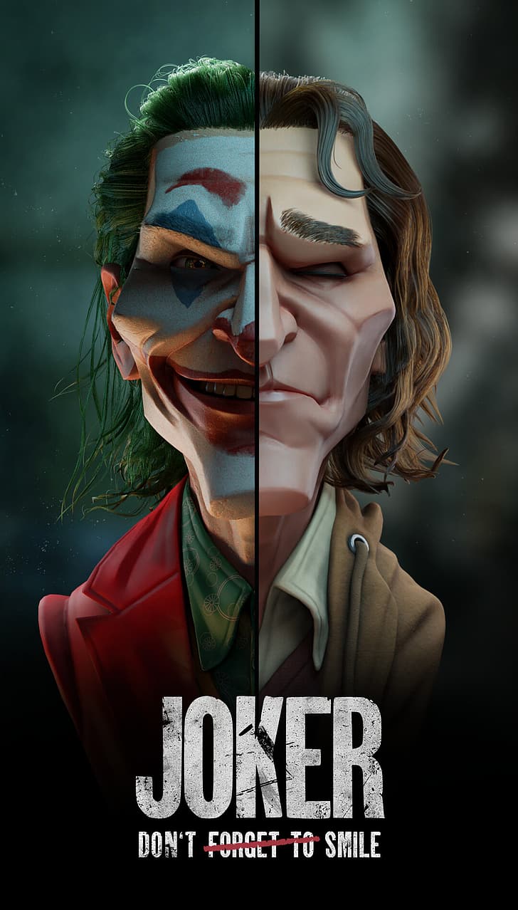 Joker (filme de 2019), Joker, sorriso, arte digital, pôster, humor, cabelo verde, rosto, maquiagem, Arthur Fleck, HD papel de parede, papel de parede de celular