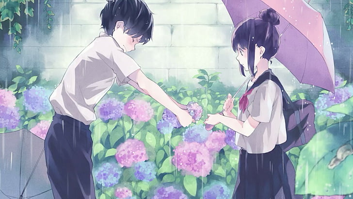 cute, illustration, retro, anime art, umbrella, flower, give, anime, confess, HD wallpaper