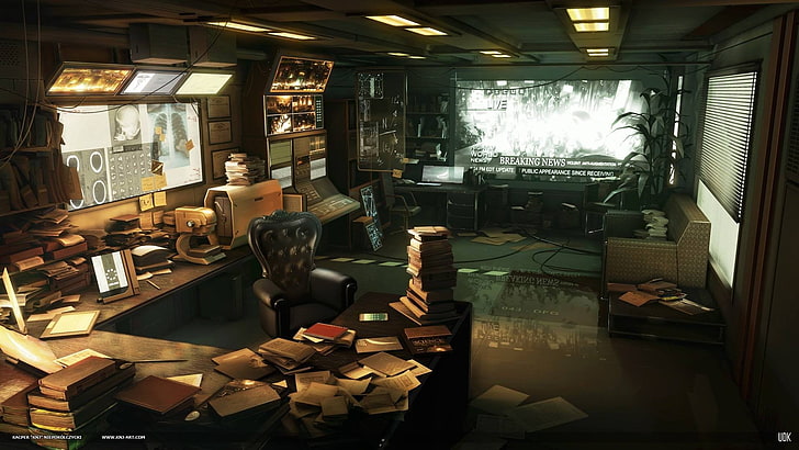 Sofá capitoné de cuero negro, Deus Ex: Human Revolution, obras de arte, videojuegos, Fondo de pantalla HD