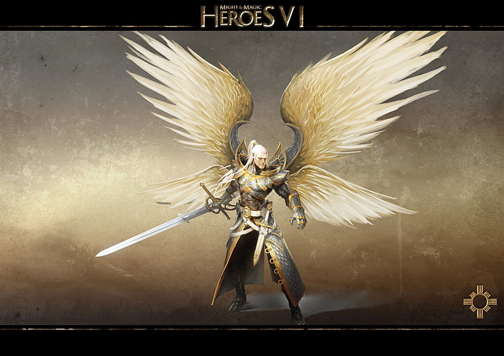 четырехкрылый ангел с мечом в цифровом обоях \, крылья, меч, архангел, герои меча и магии 6, герои могущества и магии 6, HD обои