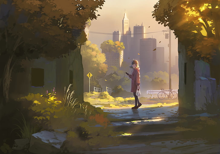човек, носещ илюстрация с розово яке, женски анимиран герой близо до парк, аниме, произведения на изкуството, есен, HD тапет